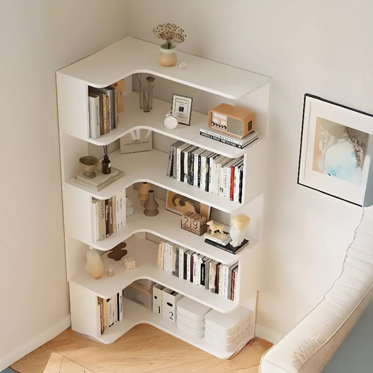 Manufactured Wood Corner Bookshelf with 6 Shelves