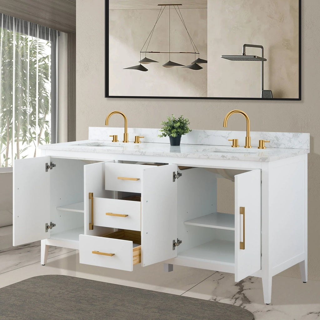Vanity Art 72 Double Sink Bathroom Vanity Cabinet with Engineered Marble Top