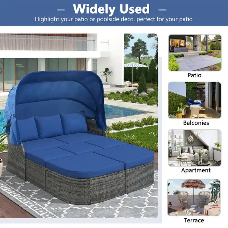 Outdoor Gray Wicker Daybed with Cushions and Retractable Canopy
