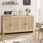 Woven Rattan 4-Door Storage Cabinet, Buffet Sideboard with Shelf, Coffee Bar Console for Kitchen Dining & Living Room, 36H