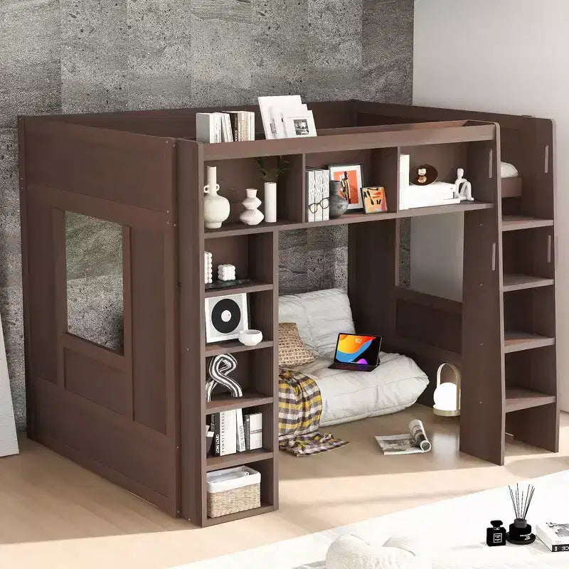 Whisen Queen Size Wooden Loft Bed Frame with Storage Cabinets and Shelves