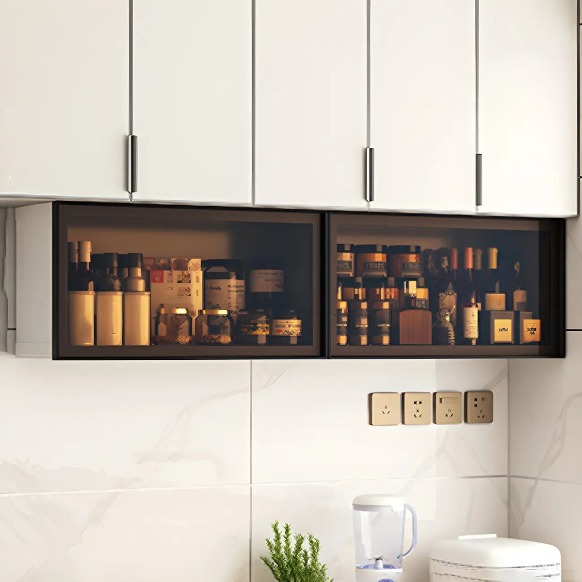 Grey Metal Floating Mounted Glass Kitchen China Cabinet