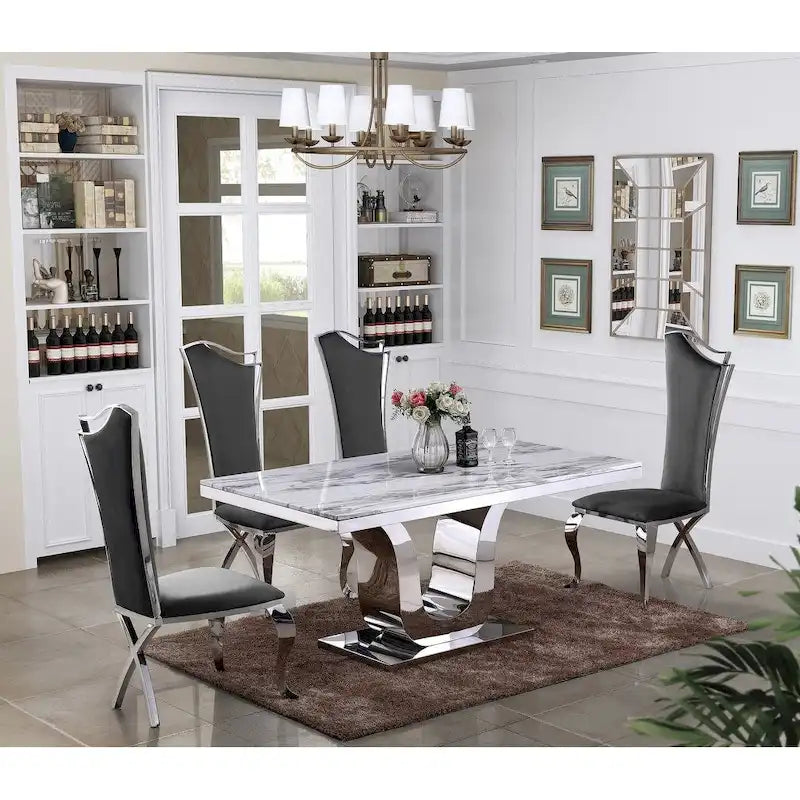 Best Quality Furniture Luxe White Genuine Marble 5pc Dining Set