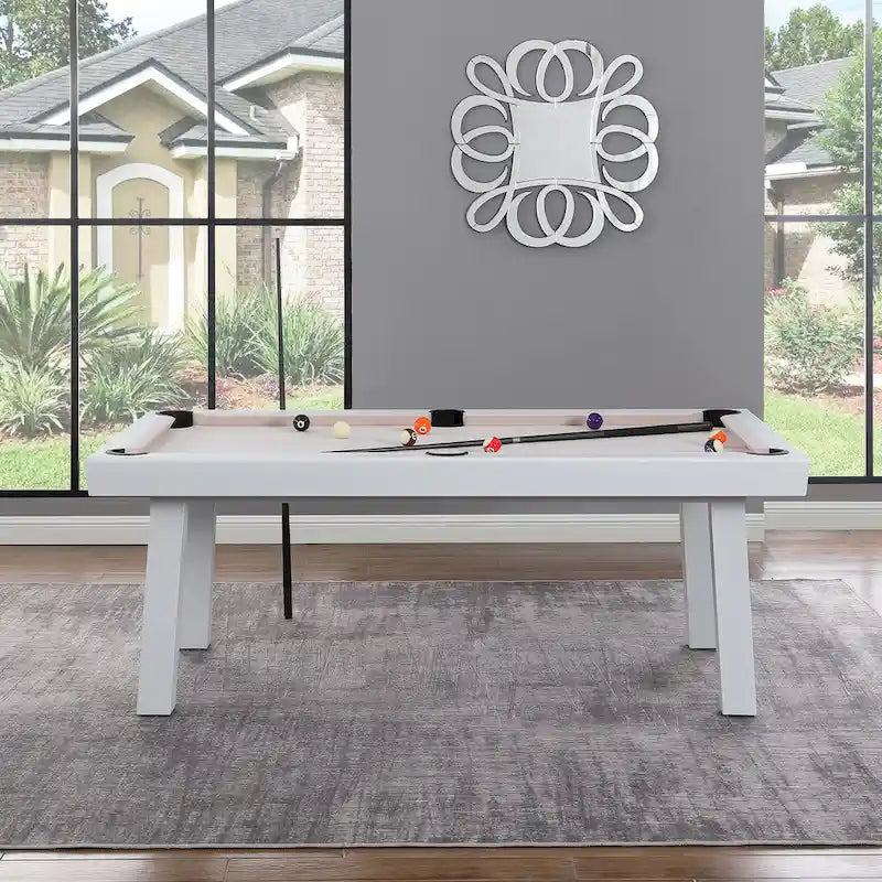 Norwalk Indoor/Outdoor 7ft Slate Pool Table 6-Seater Dining Set with 4 Benches & Accessories, White Finish