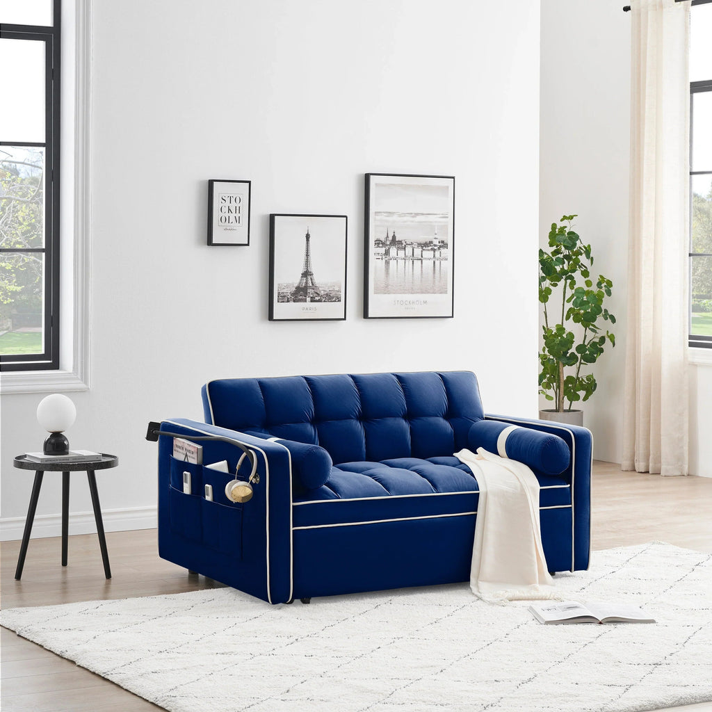 Velvet Convertible 55 2-Seater Sleeper Sofa with Pull-Out Bed, Adjustable Recline, Side Pockets, and Phone Holder