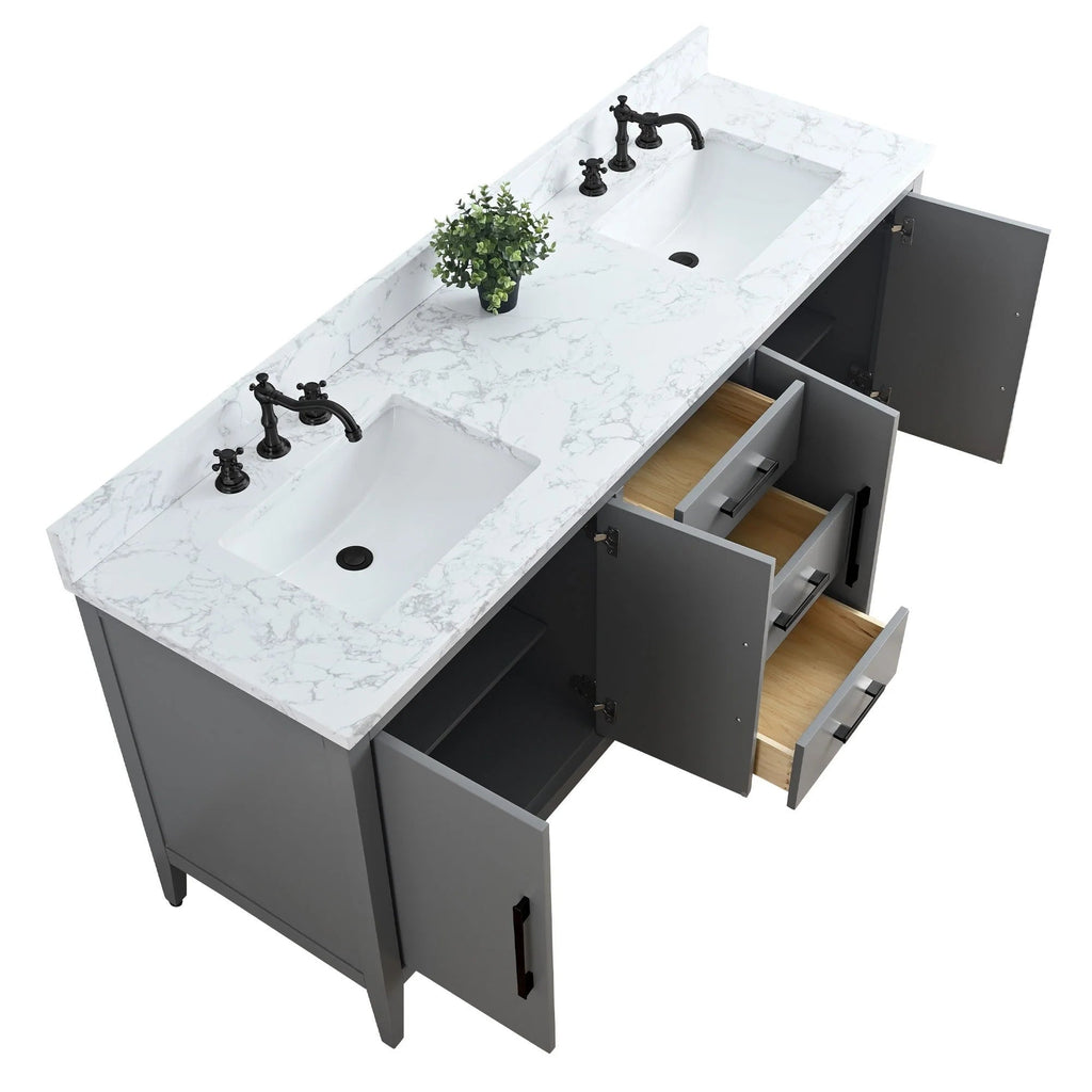 Vanity Art 72 Double Sink Bathroom Vanity Cabinet with Engineered Marble Top