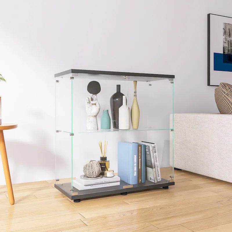 Two-door Glass Display Cabinet 2 Shelves with Door