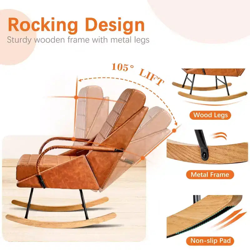 VECELO Upholstered Faux Leather/Teddy Fabric Rocking Chair Modern Lounge Rocker Recliner with Padded Seat, Safe Solid Wood Base White/Brown