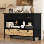 Entryway Console Table with Storage, Farmhouse Hallway Table with 3 Drawers and 3 Water Hyacinth Baskets for Living Room or Foyer - Panipeachy