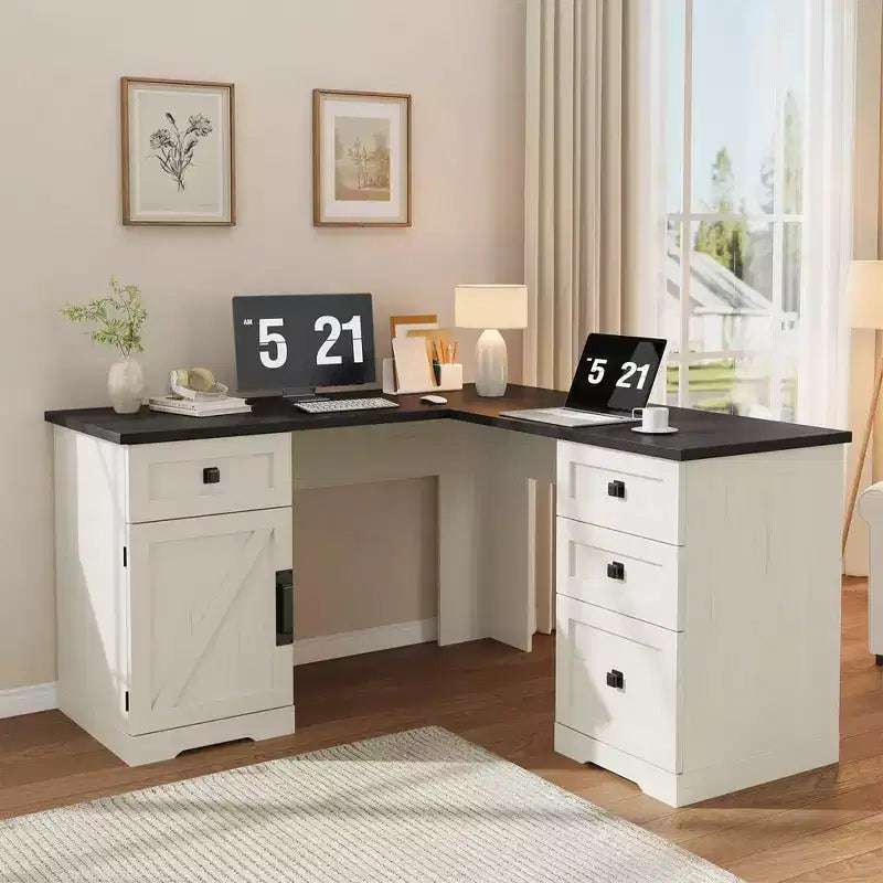 60 Farmhouse L-Shaped Executive Desk  Corner Home Office Desk with File Drawer, Storage Cabinet & Adjustable Shelf