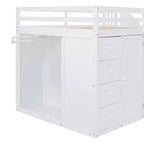 Teddy Fleece Full Size Loft Bed with Storage Shelf and Drawers, Wooden High Loft Bed with Versatile Desk for Bedroom