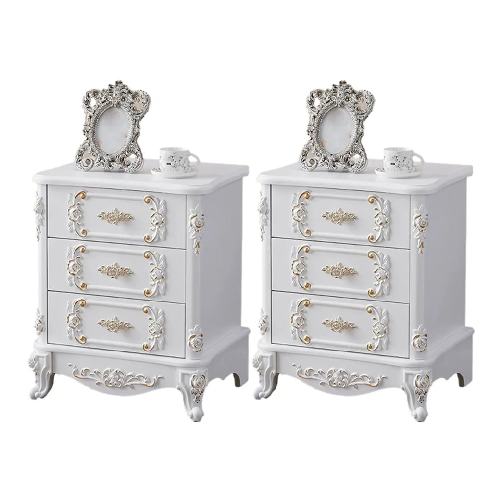 Traditional White Wood Carved 3-Drawer Nightstand