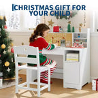 Kids Study Desk & Chair Set with Storage, Kids Study Desk with Hutch and Tiltable, Wooden Children Table with Storage Cabinet for 3-8 Years Old