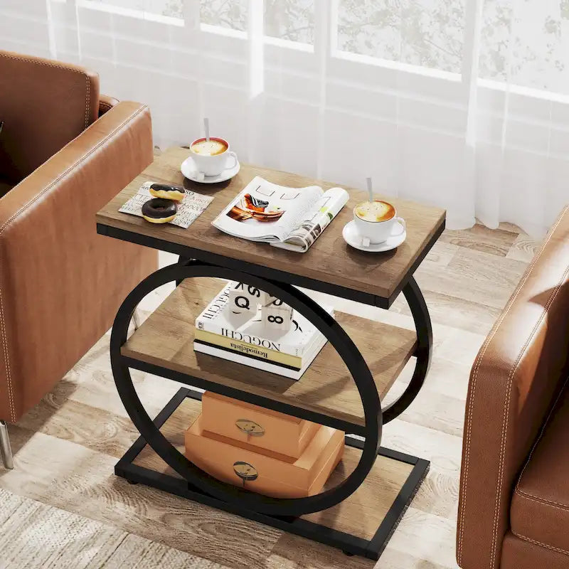 Narrow End Table with 3 Storage Shelves, Wood Side Table for Living Room