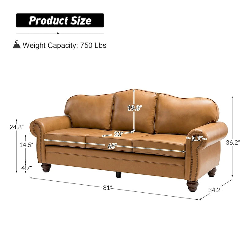 Balvino 81 Wide Transitional Genuine Leather Rolled Arm Sofa with Nailhead Trim and Removable Cushions