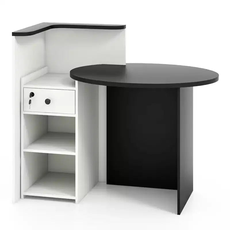 Costway Front Reception Counter Desk Checkout Office Desk with Open Shelf & Lockable Drawer White/Brown/Black
