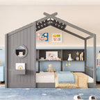 Twin Size Floor House Bed, Kids Montessori Playhouse Bed with Storage Shelf and Roof Design