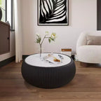 Okak Modern Round Drum Shape Coffee Table with Marble Top & Leather Side,Fashionable Center Table for Living Room,Bedroom