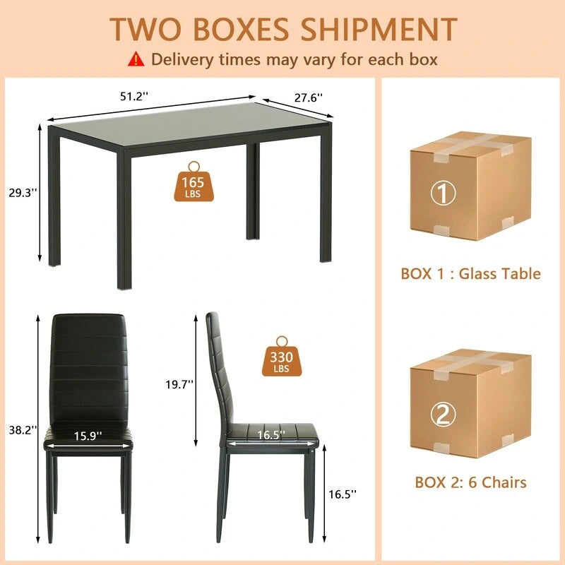 Grondin Modern Style 7-Piece Dining Room Table Set with Tempered Glass Tabletop and 6 PU Leather Upholstered Chairs