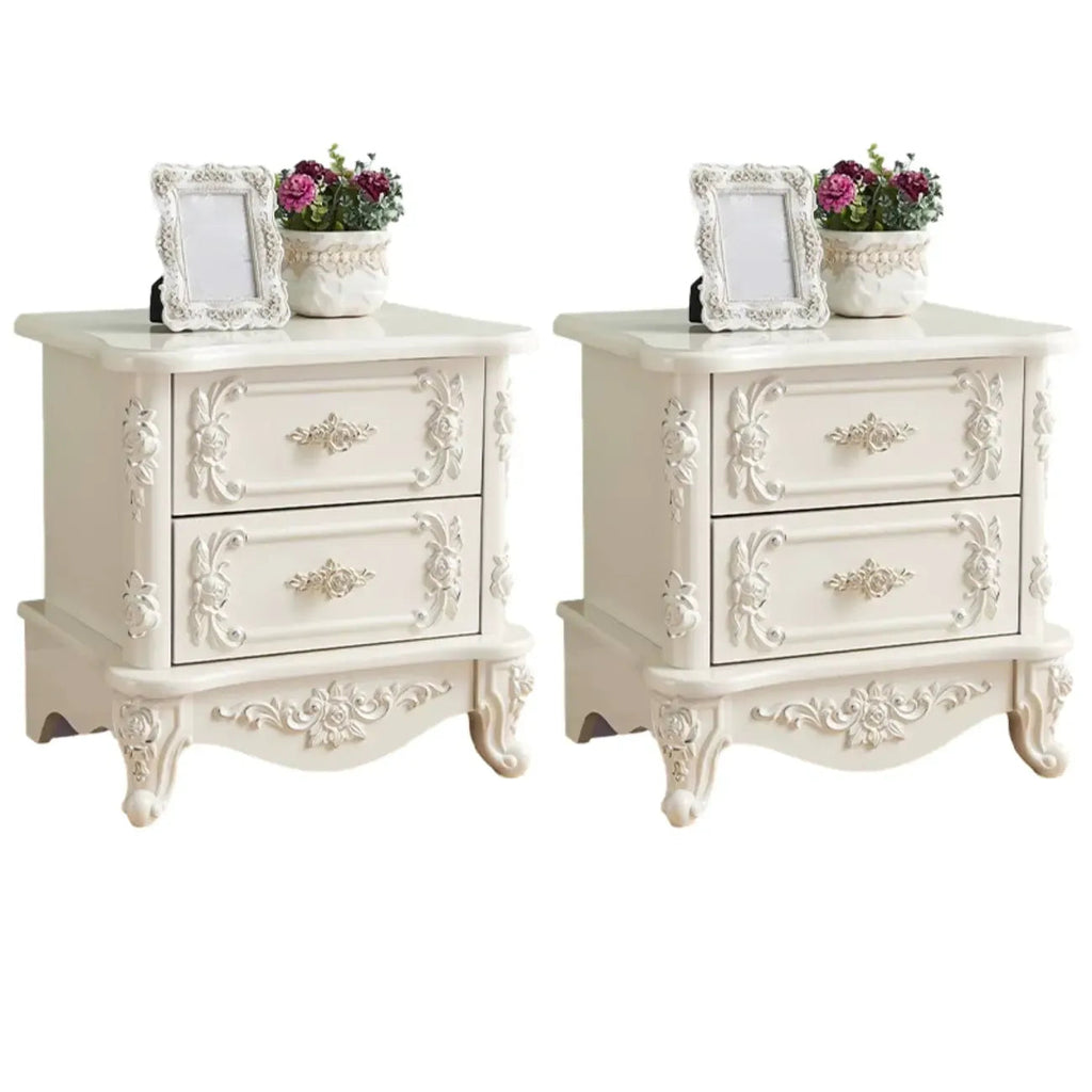 Traditional White Wood Carved 3-Drawer Nightstand