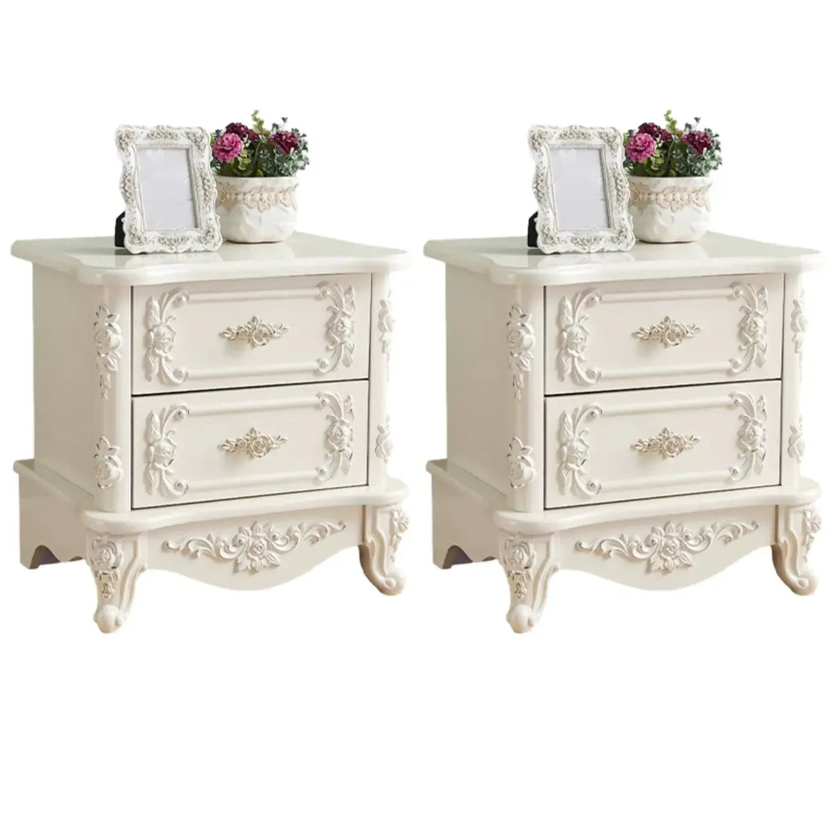 Traditional White Wood Carved 3-Drawer Nightstand