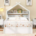 ModernLuxe Twin/Full Size Wooden House Bed with Storage Headboard, Solid Pine Kids Bed Frame with Guardrails