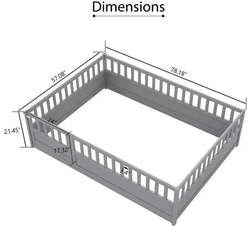 Full Floor Bed Frame with Extra-Tall Safety Rails and Entry Door, Gray
