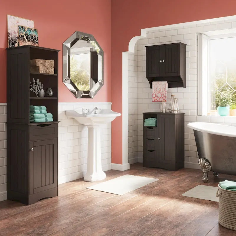 RiverRidge Ashland Single Door Bathroom and Laundry Storage Cabinet with 3 Drawers, Open and Adjustable Shelf