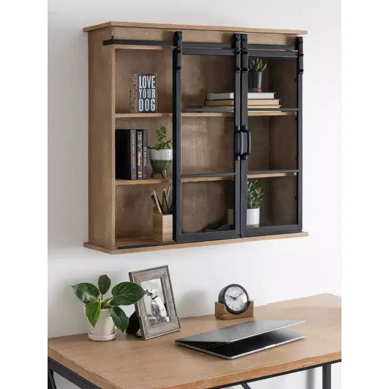 30 x 28 Barnhardt Decorative Wooden Wall Cabinet with 2 Sliding Glass Doors Rustic Brown - Kate & Laurel All Things Decor: Metal Framed