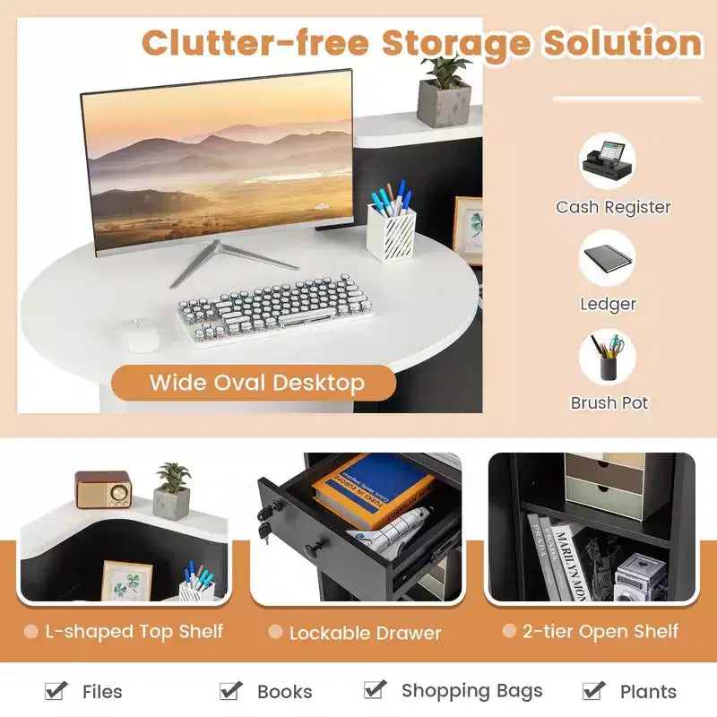 Costway Front Reception Counter Desk Checkout Office Desk with Open Shelf & Lockable Drawer White/Brown/Black