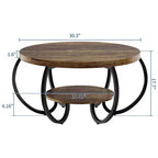 30 Inch Round Industrial Coffee Table 2-Tier with Adjustable Feet Wood Grain Shelf Flame Design Easy Assembly Living Room