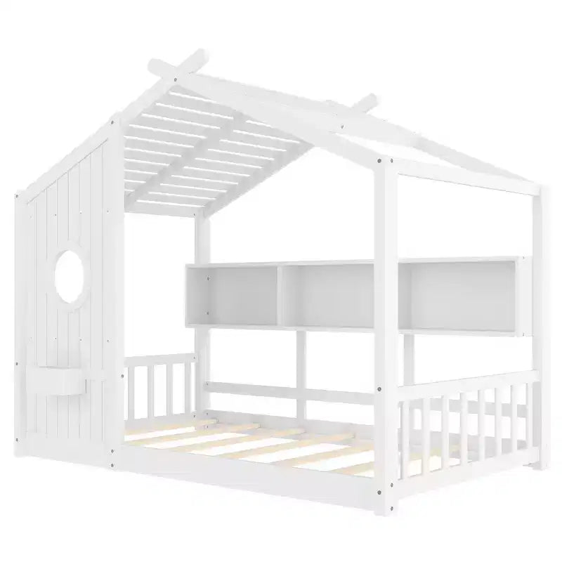 Twin Size Floor House Bed, Kids Montessori Playhouse Bed with Storage Shelf and Roof Design