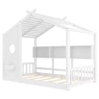 Twin Size Floor House Bed, Kids Montessori Playhouse Bed with Storage Shelf and Roof Design