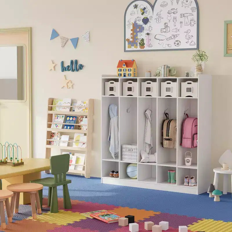 5-Section Classroom Coat Locker with 10 Cubbies, Cubby Storage Organizer with 10 Hooks for Home, School, Nursery, Kindergarten