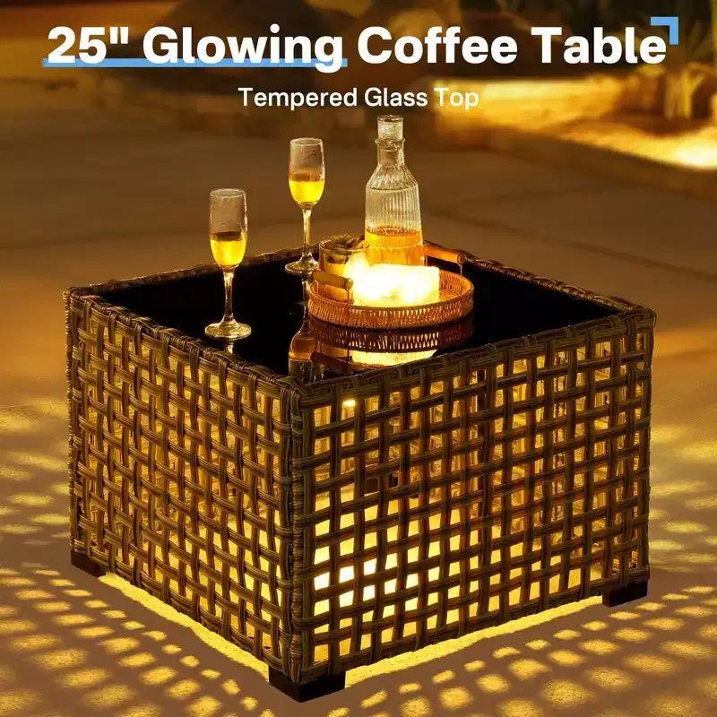 HOMLUX 6 PCS Patio Wicker Conversation Set 3-Seat Sofa with Cushion, Rattan Chairs, Ottomans, Coffee Table
