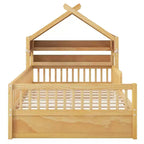 ModernLuxe Twin/Full Size Wooden House Bed with Storage Headboard, Solid Pine Kids Bed Frame with Guardrails
