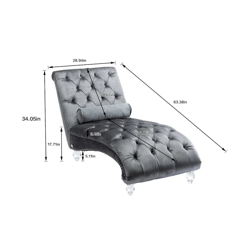 Button-Tufted Upholstered Velvet Recliner Chaise with Pillow and Acrylic Feet