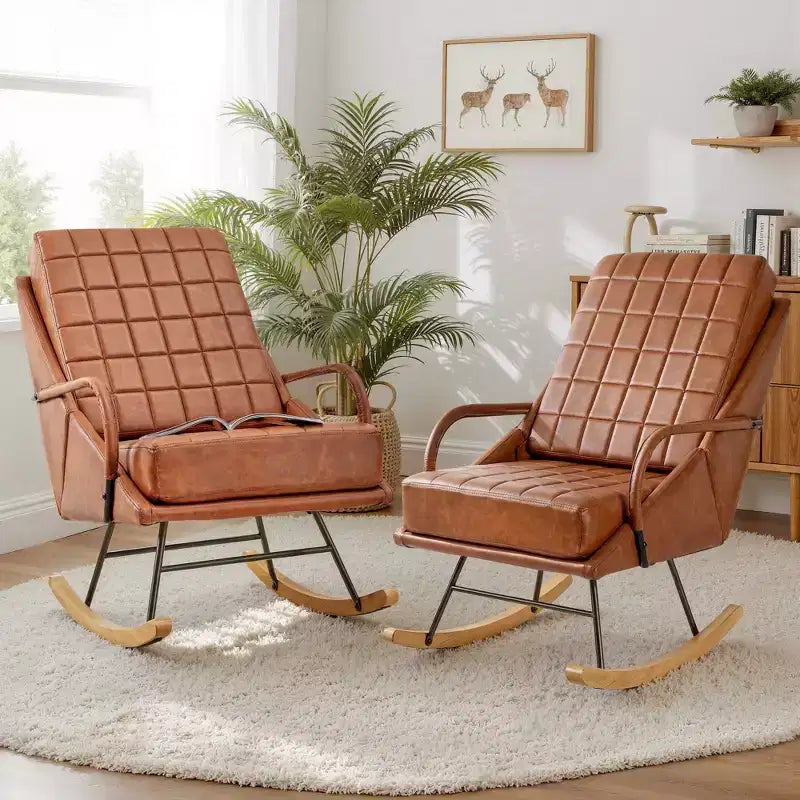 VECELO Upholstered Faux Leather/Teddy Fabric Rocking Chair Modern Lounge Rocker Recliner with Padded Seat, Safe Solid Wood Base White/Brown