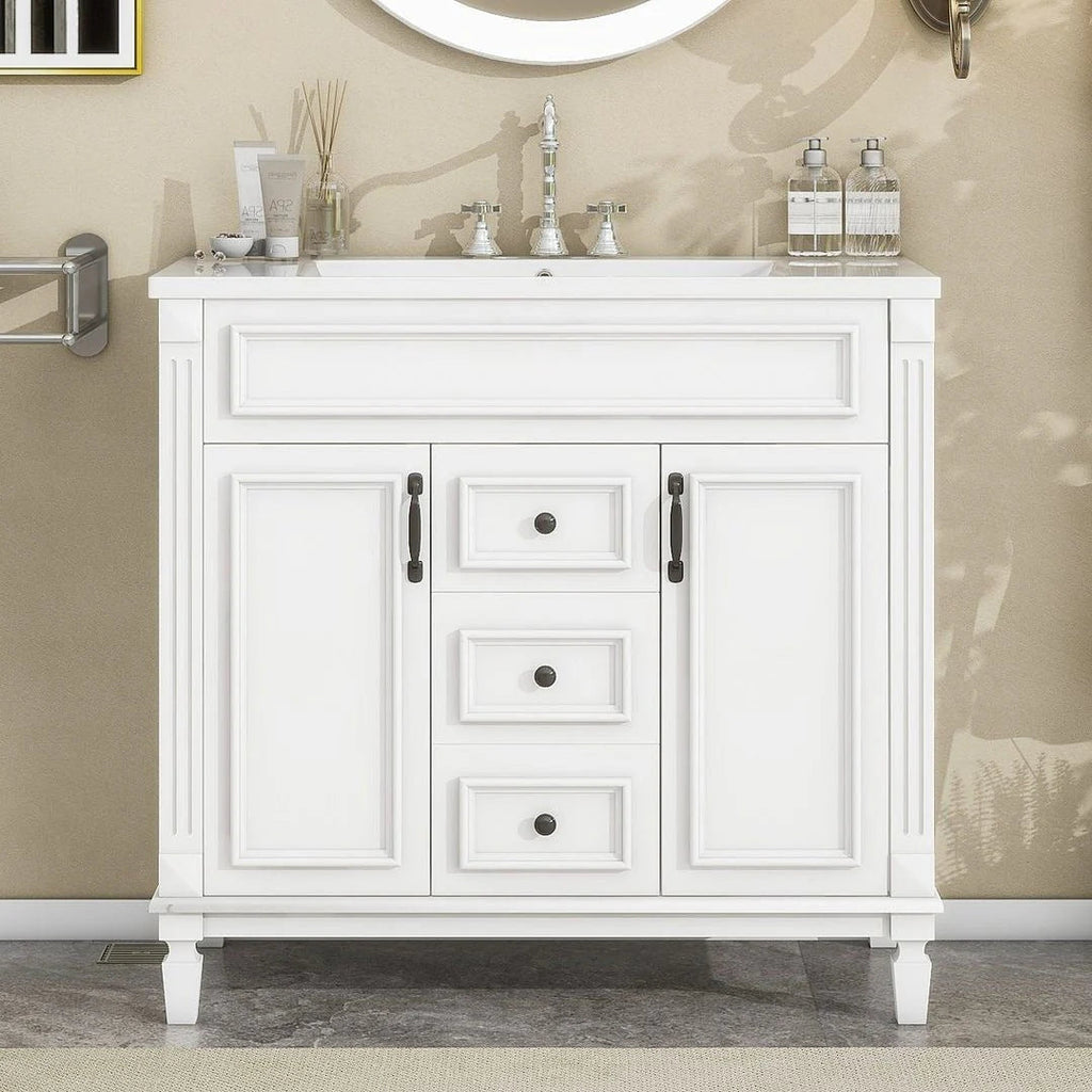 36 Modern Bathroom Vanity with Top Sink and Mirror Cabinet,2 Doors and 2 Drawers