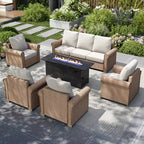 Captiva Designs Luxury Wicker Patio Conversation Fire Pit Set with Curved Armrests with Cushions