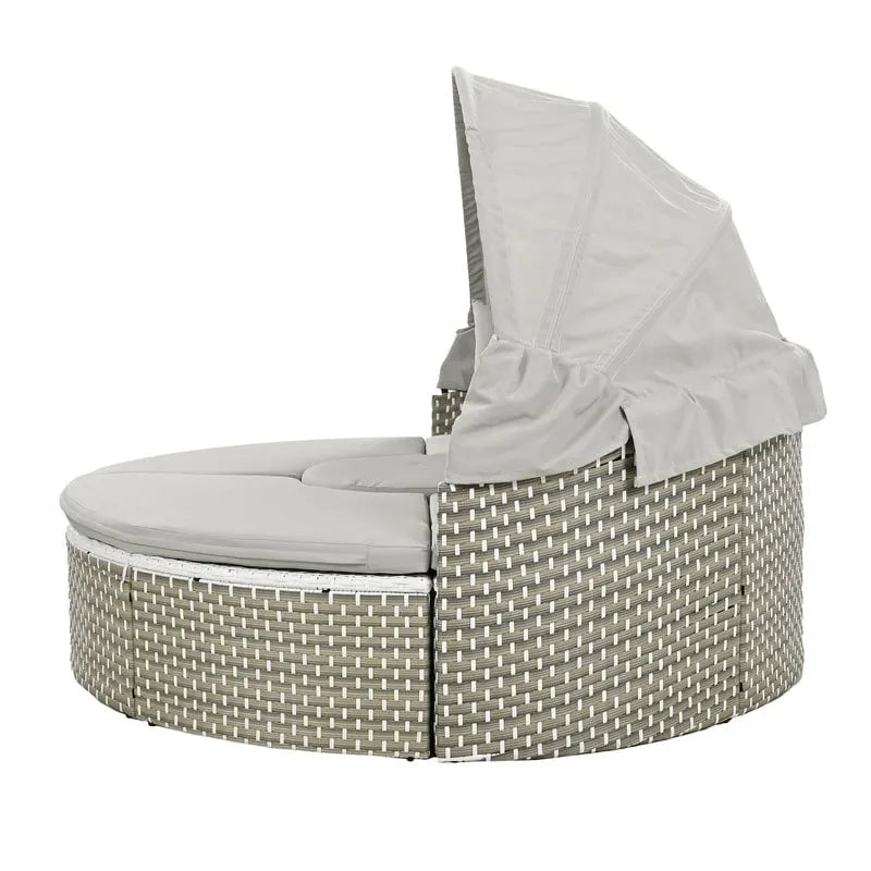Round Outdoor Daybed Two-Tone Weave Sunbed with Retractable Canopy
