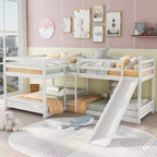L Shaped Bunk Bed for 4 Kids, Quad Bunk Bed with Slide Full and Twin Wood Bunk Frame for Bedroom Dorm