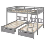 Full Over Twin & Twin Bunk Bed for 3, Wooden Triple Bunk Bed with 2 Storage Drawers, can be Divided into 3 Separate Beds