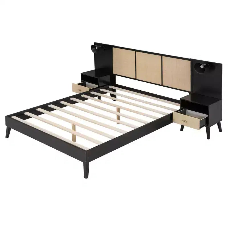 Queen Size Solid Wood Bed Frame with 2 Nightstands, Elegant Rattan and Wood Combination Platform Bed with Lamps - ModernLuxe