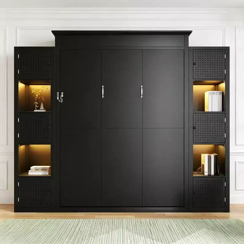 Luxystar Modern Queen Murphy Bed with 10 Storage Shelves and Upholstered Headboard, Black