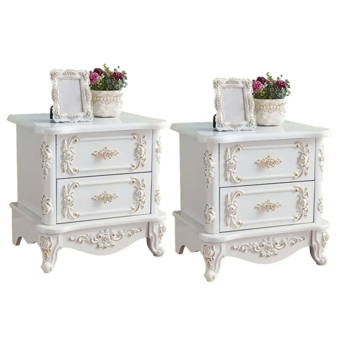 Traditional White Wood Carved 3-Drawer Nightstand