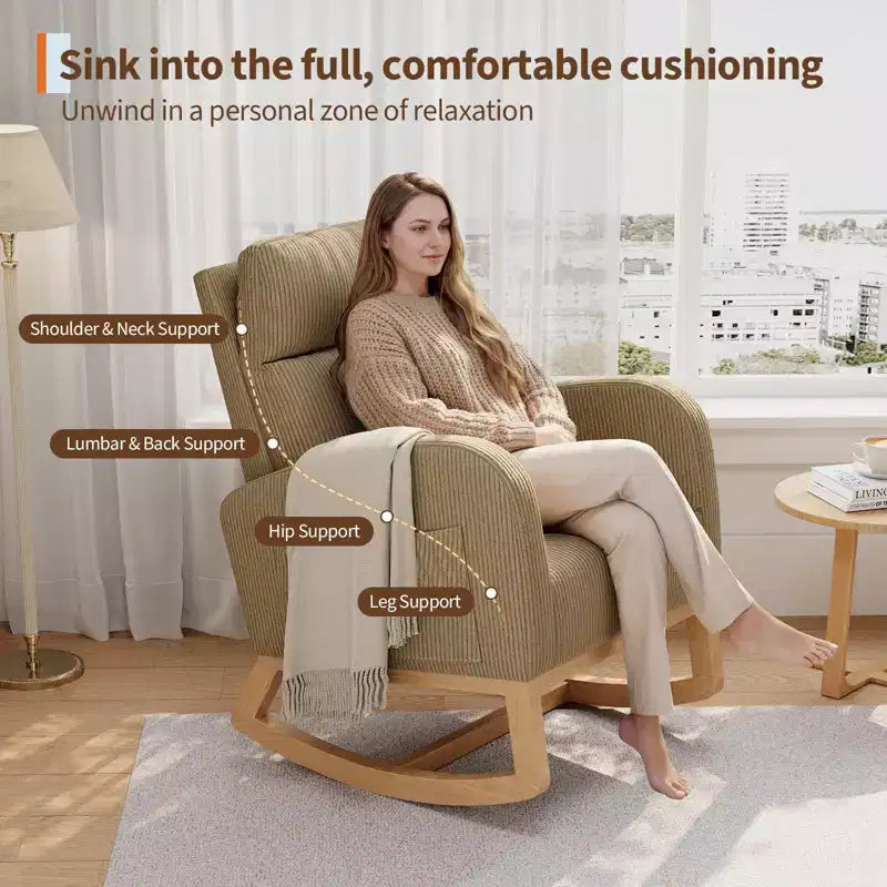 Modern Soft Rocking Chair with Pillow & Side Pockets, for Living Room, Bedroom