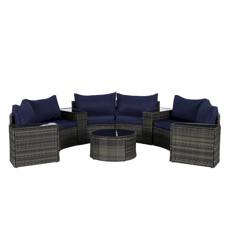 11-Piece Outdoor Half-Round Modular Sectional Sofa Set with Tempered Glass Coffee Table and 4 Side Table