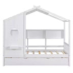 Twin Size House Bed with Trundle and Storage Shelf for Kids, White