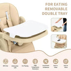 Foldable High Chair for Babies&Toddlers,PU Leather Highchair with Adjustable Backrest,Seat Height,Removable Tray,5-Point Safety Harness&Locking Wheels